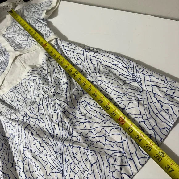 STAUD cutout Perla White Mini linen stealth Dress w/ Blue  Print size 6 - Picture 7 of 8